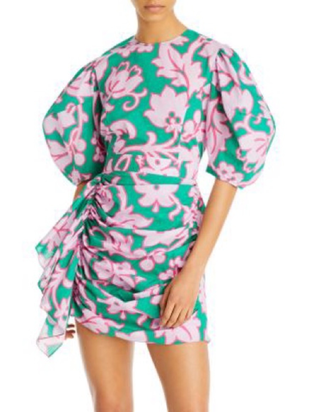 RHODE Pia Floral Ruched Mini Dress in the "Take It Easy" green and pink pattern